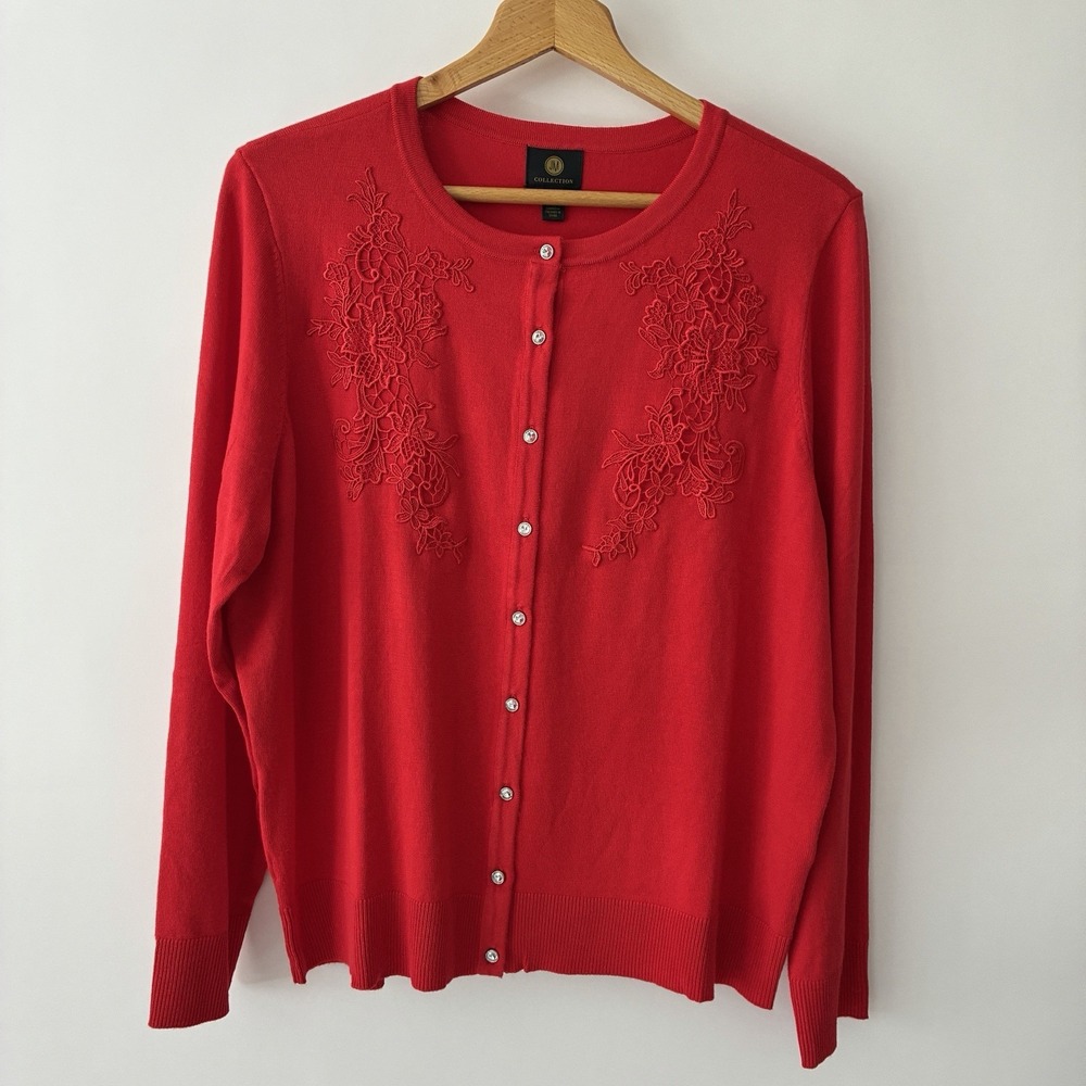 JM Collection Red Embellished Cardigan Sweater Womens XL Floral Applique Holiday